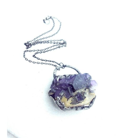 Huge Purple Flourite Octohedral crystal necklace  handmade gothic fantasy metal - Picture 9 of 12